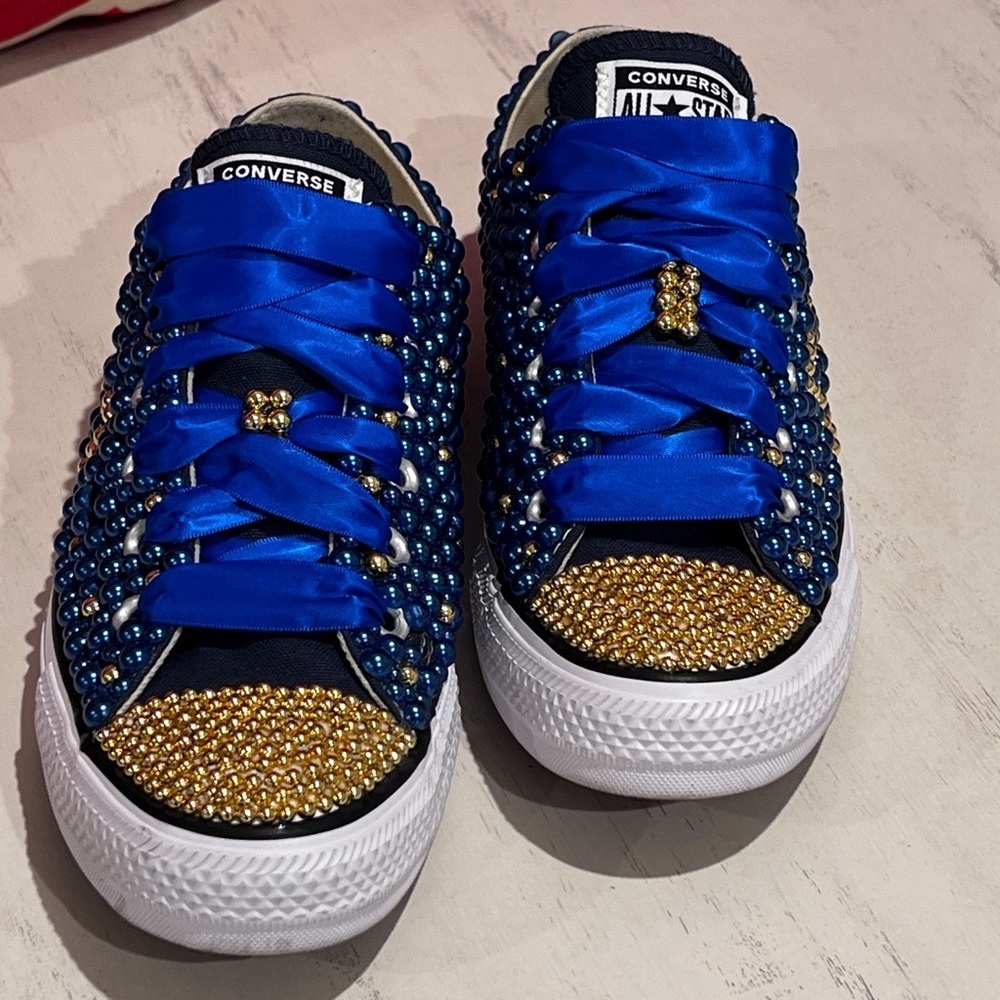 Custom Sigma Gamma Rho Blue and Gold Pearl Converse Sneakers - Picture 2 of 10